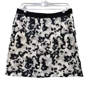 LOFT Skirt A-Line Black White Floral Print‎ Cotton Linen Exposed Zipper Size 12
